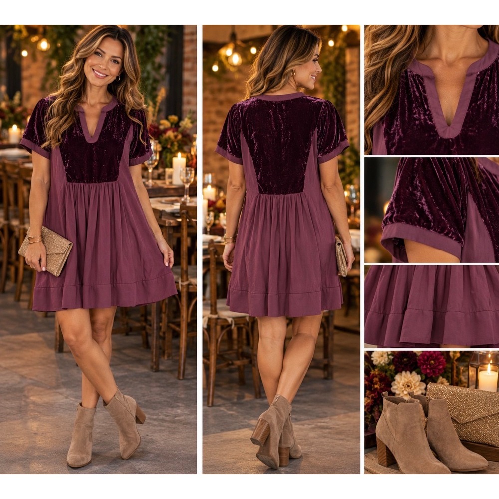 Maeve Anthropologie Plum Purple Velvet Mixed Media Babydoll Mini Dress Medium